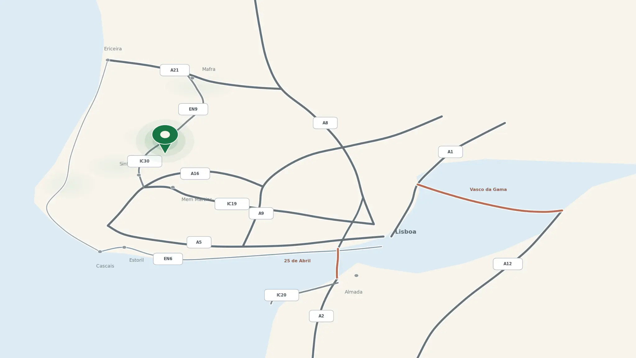Localização aproximada do futuro armazém, entre Sintra e Mafra, mais perto de Sintra